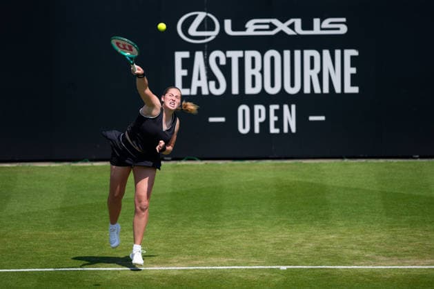 Lexus Eastbourne Open - Day Four Jelena Ostapenko of Latvia, the third seed, competes in a quarterfinal match against Zeynep Sonmez of Turkey at the 2026 Lexus Eastbourne Open Women s tennis tournament at the Devonshire Park Lawn Tennis Club in Eastbourne, England, on June 25, 2026. Eastbourne United Kingdom  Copyright: xOwenxHammondx originalFilename:hammond-2026lexu260625_np5gE.jpg