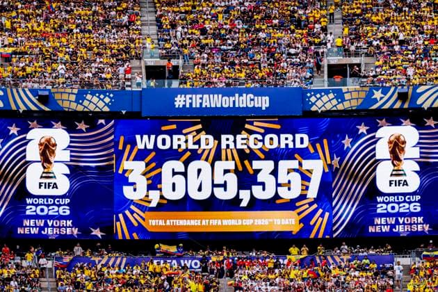 total attendance a world record are displayed on the screen , Group E - FIFA World Cup, WM, Weltmeisterschaft, Fussball 2026, Ecuador v Germany, New York New Jersey Stadium, June 25, 2026, East Rutherford, United States.