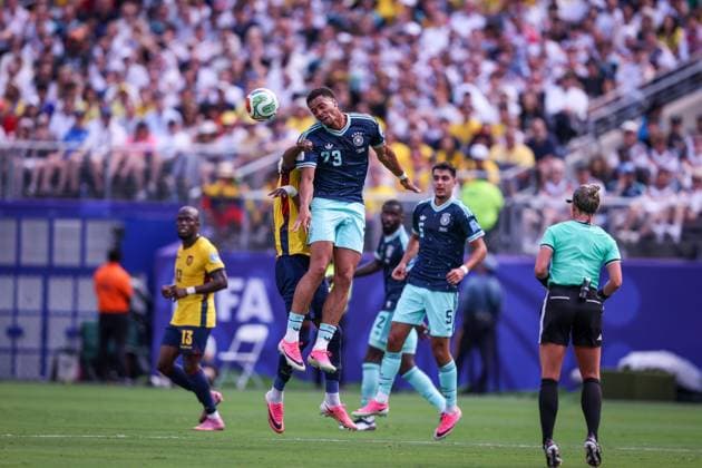 2026 World Cup - Ecuador vs. Germany EAST RUTHERFORD, NEW JERSEY - JUNE 25: Felix Nmecha ( 23) of Germany heads the ball during the FIFA World Cup, WM, Weltmeisterschaft, Fussball 2026 Group E match between Ecuador and Germany at New York New Jersey Stadium on June 25, 2026. photo by Ayman Aref JNA Press NEW JERSEY United States of America Copyright: x xAymanxArefxMohamedxSaadxElxDinx xJNAxPressx