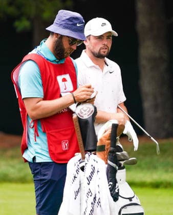 June 25, 2026, Cromwell, Connecticut, USA: Alex Fitzpatrick (ENG) (L) and his caddie, Peter Blyfield, wait on the 8th tee during the first round of the 2026 Travelers Championship at TPC River Highlands. GOLF 2026: Travelers Championship - Round 1  - ZUMAw109 20260625_fap_w109_022 Copyright: xDebbyxWongx