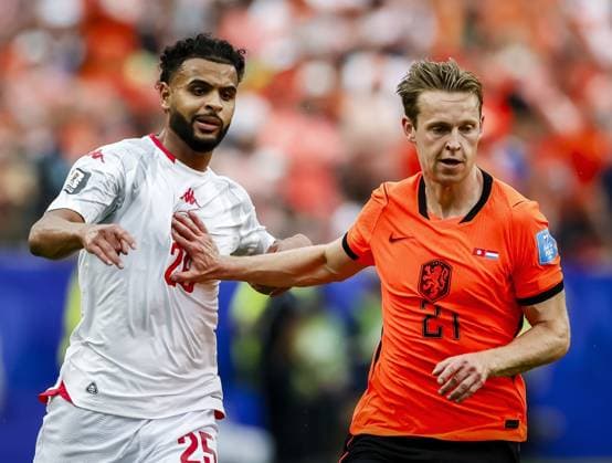 KANSAS - Anis Slimane of Tunisia and Frenkie de Jong of the Netherlands during the FIFA World Cup, WM, Weltmeisterschaft, Fussball 2026 Group F match between Tunisia and the Netherlands at Kansas City Stadium on June 25, 2026, in Kansas, United States. KOEN VAN WEEL ANP FIFA World Cup 2026 group stage 2026 xVIxANPxSportx xxANPxIVx 561990290 originalFilename: 561990290.jpg