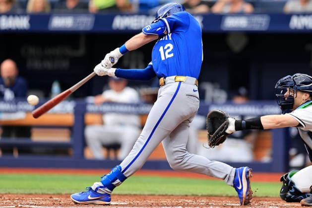 June 25, 2026, St. Petersburg, Florida, USA: Kansas City Royals second baseman Nick Loftin (12) flies out to Tampa Bay Rays left fielder Chandler Simpson (14) during an MLB, Baseball Herren, USA game on June 25, 2026 at Tropicana Field. The Rays beat the Royals 13-2. MLB 2026: Tampa Bay Rays 13 : 2 Kansas City Royals  - ZUMAh180 20260625_zsp_h180_078 Copyright: xKimxHukarix