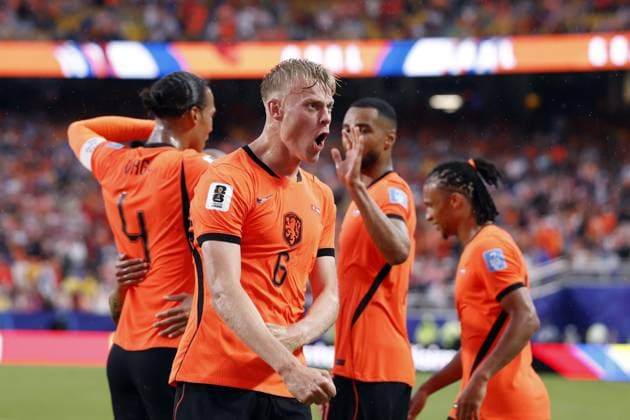 KANSAS - Jan Paul van Hecke of the Netherlands celebrates the 3-1 during the 2026 FIFA World Cup, WM, Weltmeisterschaft, Fussball Group F match between Tunisia and the Netherlands at Kansas City Stadium on June 25, 2026, in Kansas, United States. ROBIN VAN LONKHUIJSEN ANP FIFA World Cup 2026 group stage 2026 xVIxANPxSportx xxANPxIVx 561998013 originalFilename: 561998013.jpg