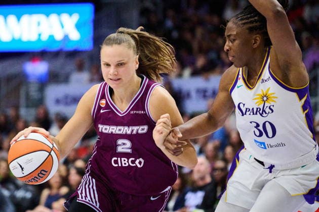 June 25, 2026, Toronto, On, Canada: Toronto Tempo s Laura Juskaite (2) drives past Los Angeles Sparks Nneka Ogwumike (30) during first half WNBA, Basketball Damen, USA basketball action in Toronto, on Thursday, June 25, 2026. Canada News - June 25, 2026  - ZUMAc35_ 20260625_zaf_c35_115 Copyright: xSammyxKoganx