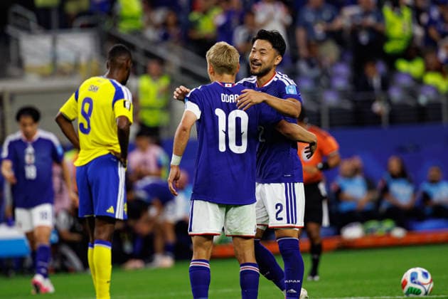 Daizen Maeda and Yukinari Sugawara seen celebrating after scoring goal during FIFA World Cup, WM, Weltmeisterschaft, Fussball 2026 game between national teams of Japan an Sweden (Grzegorz Wajda Ball Raw Images) Arlington Dallas Stadium USA Copyright: xGrzegorzxWajdax grzegorzwajda_japan_netherlands_2526_2-13