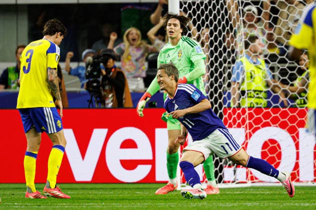 Daizen Maeda seen celebrating after scoring goal during FIFA World Cup, WM, Weltmeisterschaft, Fussball 2026 game between national teams of Japan an Sweden (Grzegorz Wajda Ball Raw Images) Arlington Dallas Stadium USA Copyright: xGrzegorzxWajdax grzegorzwajda_japan_netherlands_2526_2