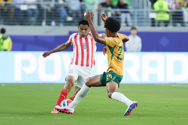 Lucas Herrington of Australia tackles Diego Gomez of Paraguay during the FIFA World Cup, WM, Weltmeisterschaft, Fussball 2026 match between Paraguay and Australia at Levi s Stadium, San Francisco, USA on 26 June 2026. Copyright: xPeterxDovganx 45120038
