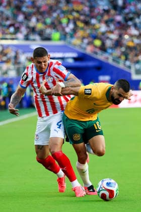June 25, 2026, Santa Clara, California, USA: Santa Clara, USA - June 25 2026: Juan Jose CoÂ¡ceres 4 of Paraguay and Aziz Behwich 16 of Australia during a FIFA World Cup, WM, Weltmeisterschaft, Fussball group match between Paraguay and Australia at San Francisco Bay Area Stadium World Cup 2026: Group D: Paraguay Vs Australia  - ZUMAp121 20260625_zsp_p121_036 Copyright: xChrisxPutnamx