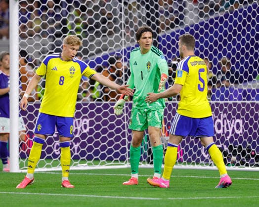 June 25, 2026, Arlington, Texas, USA: Sweden goalkeeper JACOB WIDELL ZETTERSTRo M (1), Sweden defender DANIEL SVENSSON (8) and Sweden defender GABRIEL GUDMUNDSSON (5) celebrate a stop during the 2026 FIFA World Cup, WM, Weltmeisterschaft, Fussball Group F match between Japan and Sweden at Dallas Stadium on June 25, 2026 in Arlington, Texas. Arlington USA - ZUMAa325 20260625_zsa_a325_043 Copyright: xDavidxBalleringxIix