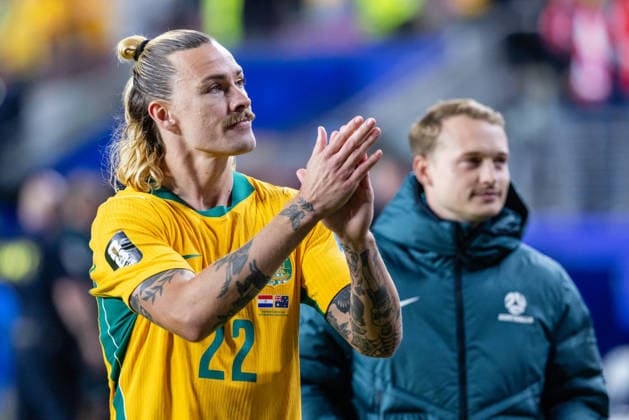 SANTA CLARA, CA - JUNE 25: Jackson Irvine 22 of Australia claps for the fans after a tie in the FIFA World Cup, WM, Weltmeisterschaft, Fussball 2026 Group D match between Paraguay and Australia on June 25, 2026 at San Francisco Bay Area Stadium in Santa Clara, CA. (Photo by Matthew Huang Icon Sportswire) SOCCER: JUN 25 FIFA World Cup 26 Group D - Paraguay vs Australia EDITORIAL USE ONLY Icon260625028