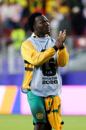 June 25, 2026, Santa Clara, California, USA: Santa Clara, USA - June 25 2026: Nestory Irankunda 17 of Australia celebrates qualifying to the next stage after a FIFA World Cup, WM, Weltmeisterschaft, Fussball group match against Paraguay at San Francisco Bay Area Stadium Santa Clara USA - ZUMAp121 20260625_zsp_p121_050 Copyright: xChrisxPutnamx