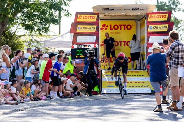 26.06.2026, GER, Rennrad, Maenner Frauen Junioren, Saison 2026, Rad DM 26 German Cycling Deutsche Meisterschaften, Einzelzeitfahren Rund um Streufdorf Gemeinde Straufhain Bruno Kessler (CT Tudor Pro Cycling Team) 3 Tage sommerliches Rekordwochenende mit Temperaturen bis zu 38Grad stellten die Rahmenbedingungen für die Rad DM 26. Am Freitag stand das Einzelzeitfahren der Männer über 41km 413hm sowie der Frauen über 26,2km 215hm an. 98646 Streufdorf Simmershausen Bundesstrasse L1134 K505 L26 Thüringen Deutschland *** June 26, 2026, GER, Road Bike, Men, Women, Juniors, 2026 Season, Rad DM 26 German Cycling Championships, Individual Time Trial Around Streufdorf, Municipality of Straufhain, Bruno Kessler, CT Tudor Pro Cycling Team. A three-day summer record-breaking weekend with temperatures reaching up to 38 degrees set the stage for the 2026 German Cycling Championships. On Friday, the men’s individual time trial over 41 km (413 m elevation gain) took place, as well as the women’s race over 26.2 km with 215 hm. 98646 Streufdorf, Simmershausen, Federal Highway L1134, K505, L26, Thuringia, Germany