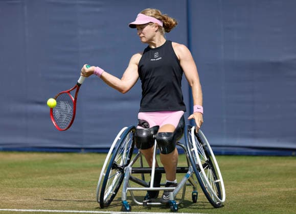 RECORD DATE NOT STATED 26th June 2026; Devonshire Park Lawn Tennis Club, Eastbourne, East Sussex, England; Uniqlo Wheelchair Tennis Tour Eastbourne Open Tennis, Day Six; Diede De Groot (NED) plays a forehand shot against Ziying Wang (CHN) HongboxChen
