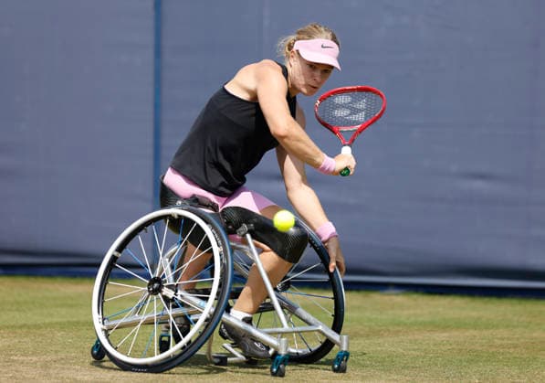 RECORD DATE NOT STATED 26th June 2026; Devonshire Park Lawn Tennis Club, Eastbourne, East Sussex, England; Uniqlo Wheelchair Tennis Tour Eastbourne Open Tennis, Day Six; Diede De Groot (NED) plays a backhand shot against Ziying Wang (CHN) HongboxChen