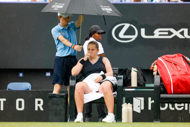 RECORD DATE NOT STATED 26th June 2026; Devonshire Park Lawn Tennis Club, Eastbourne, East Sussex, England; Lexus Eastbourne Open Tennis, Day Six; Jelena Ostapenko (LAT) during a rain delay in the Womens semi-finals match against Tatjana Maria (GER) HongboxChen