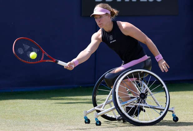 RECORD DATE NOT STATED 26th June 2026; Devonshire Park Lawn Tennis Club, Eastbourne, East Sussex, England; Uniqlo Wheelchair Tennis Tour Eastbourne Open Tennis, Day Six; Diede De Groot (NED) plays a forehand shot against Ziying Wang (CHN) HongboxChen