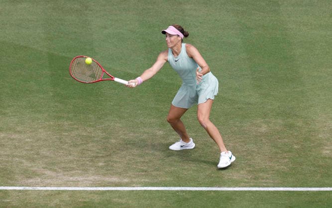 RECORD DATE NOT STATED 26th June 2026; Devonshire Park Lawn Tennis Club, Eastbourne, East Sussex, England; Lexus Eastbourne Open Tennis, Day Six; Tatjana Maria (GER) plays a forehand shot against Jelena Ostapenko (LAT) in the Womens semi-finals match HongboxChen