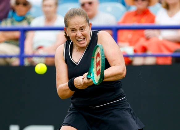 RECORD DATE NOT STATED 26th June 2026; Devonshire Park Lawn Tennis Club, Eastbourne, East Sussex, England; Lexus Eastbourne Open Tennis, Day Six; Jelena Ostapenko (LAT) plays a backhand shot against Tatjana Maria (GER) in the Womens semi-finals match HongboxChen