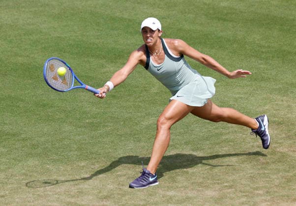 RECORD DATE NOT STATED 26th June 2026; Devonshire Park Lawn Tennis Club, Eastbourne, East Sussex, England; Lexus Eastbourne Open Tennis, Day Six; Madison Keys (USA) plays a forehand shot against Petra Marcinko (CRO) in the Womens semi-finals match HongboxChen