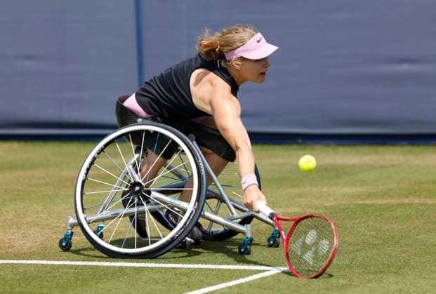 RECORD DATE NOT STATED 26th June 2026; Devonshire Park Lawn Tennis Club, Eastbourne, East Sussex, England; Uniqlo Wheelchair Tennis Tour Eastbourne Open Tennis, Day Six; Diede De Groot (NED) plays a backhand shot against Ziying Wang (CHN) HongboxChen