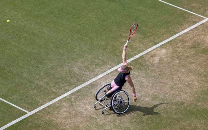 RECORD DATE NOT STATED 26th June 2026; Devonshire Park Lawn Tennis Club, Eastbourne, East Sussex, England; Uniqlo Wheelchair Tennis Tour Eastbourne Open Tennis, Day Six; Diede De Groot (NED) plays a backhand shot against Ziying Wang (CHN) HongboxChen