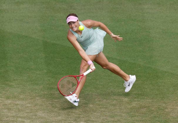 RECORD DATE NOT STATED 26th June 2026; Devonshire Park Lawn Tennis Club, Eastbourne, East Sussex, England; Lexus Eastbourne Open Tennis, Day Six; Tatjana Maria (GER) plays a forehand shot against Jelena Ostapenko (LAT) in the Womens semi-finals match HongboxChen