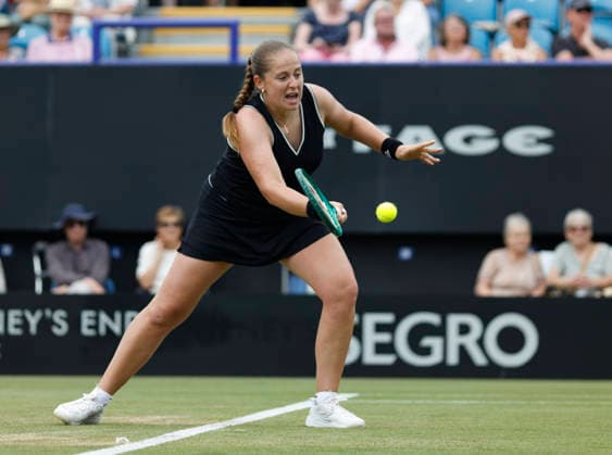 RECORD DATE NOT STATED 26th June 2026; Devonshire Park Lawn Tennis Club, Eastbourne, East Sussex, England; Lexus Eastbourne Open Tennis, Day Six; Jelena Ostapenko (LAT) plays a forehand shot against Tatjana Maria (GER) in the Womens semi-finals match HongboxChen