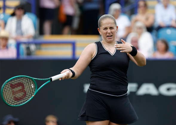 RECORD DATE NOT STATED 26th June 2026; Devonshire Park Lawn Tennis Club, Eastbourne, East Sussex, England; Lexus Eastbourne Open Tennis, Day Six; Jelena Ostapenko (LAT) shows emotion during match against Tatjana Maria (GER) in the Womens semi-finals HongboxChen
