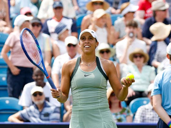 RECORD DATE NOT STATED 26th June 2026; Devonshire Park Lawn Tennis Club, Eastbourne, East Sussex, England; Lexus Eastbourne Open Tennis, Day Six; Madison Keys (USA) interactives with tennis fans after the Womens semi-finals as Petra Marcinko (CRO) retires from the match HongboxChen