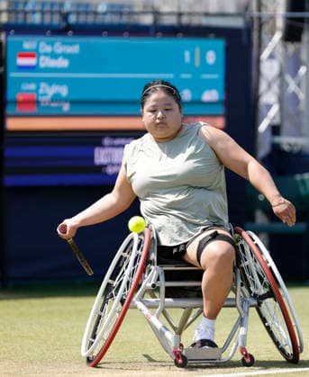 RECORD DATE NOT STATED 26th June 2026; Devonshire Park Lawn Tennis Club, Eastbourne, East Sussex, England; Uniqlo Wheelchair Tennis Tour Eastbourne Open Tennis, Day Six; Ziying Wang (CHN) plays a forehand shot against Diede De Groot (NED) HongboxChen