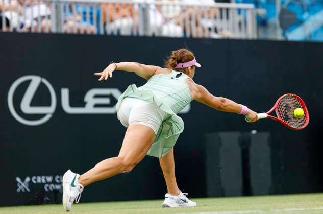RECORD DATE NOT STATED 26th June 2026; Devonshire Park Lawn Tennis Club, Eastbourne, East Sussex, England; Lexus Eastbourne Open Tennis, Day Six; Tatjana Maria (GER) plays a backhand shot against Jelena Ostapenko (LAT) in the Womens semi-finals match HongboxChen
