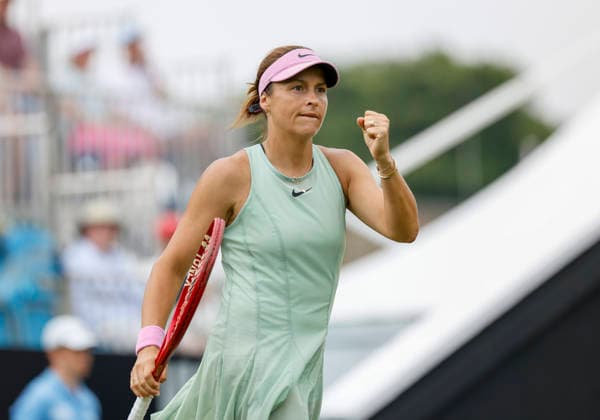 RECORD DATE NOT STATED 26th June 2026; Devonshire Park Lawn Tennis Club, Eastbourne, East Sussex, England; Lexus Eastbourne Open Tennis, Day Six; Tatjana Maria (GER) celebrates after winning the first set against Jelena Ostapenko (LAT) in the Womens semi-finals match HongboxChen