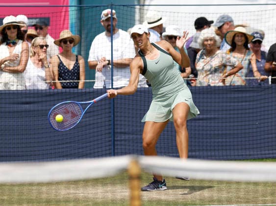 RECORD DATE NOT STATED 26th June 2026; Devonshire Park Lawn Tennis Club, Eastbourne, East Sussex, England; Lexus Eastbourne Open Tennis, Day Six; Madison Keys (USA) practices after the Womens semi-finals match as Petra Marcinko (CRO) pulls out HongboxChen