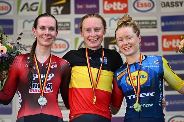 Belgian 2026 National Championship Maarkedal 26 06 2026 MAARKEDAL, BELGIUM - JUNE 26 : Tas Sandrine of Lotto Intermarche Ladies, Claes Lotte of Fenix-Premier Tech, Vanpachtenbeke Margot of Lidl-Trek pictured during the podium ceremony of the Women Elite Individual Time Trial of the 2026 Belgian National Championships 00st edition an UCI National Championships cycling race of 20 km with start in Maarkedal and finish in Maarkedal on June 26, 2026 in Maarkedal, Belgium, 26 06 2026 Maarkedal Belgium  Copyright: xVincentxKalutx
