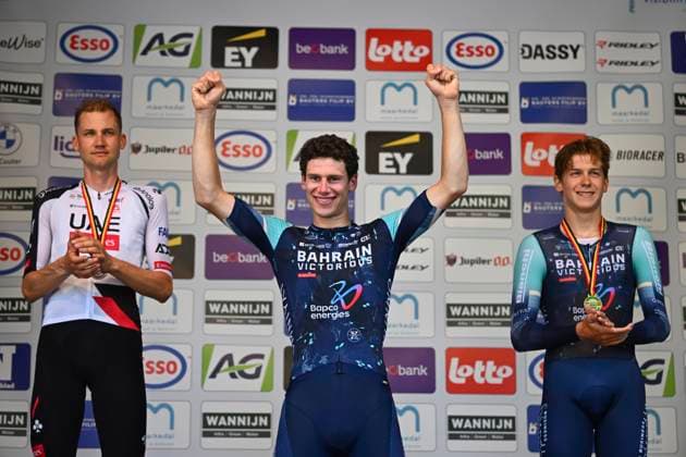 Belgian 2026 National Championship Maarkedal 26 06 2026 MAARKEDAL, BELGIUM - JUNE 26 : Wellens Tim of Uae Team Emirates Xrg, Segaert Alec of Bahrain Victorious and Van Mechelen Vlad of Bahrain Victorious pictured during the podium ceremony of the Men Elite Individual Time Trial of the 2026 Belgian National Championships 00st edition an UCI National Championships cycling race of 40 km with start in Maarkedal and finish in Maarkedal on June 26, 2026 in Maarkedal, Belgium, 26 06 2026 Maarkedal Belgium  Copyright: xVincentxKalutx