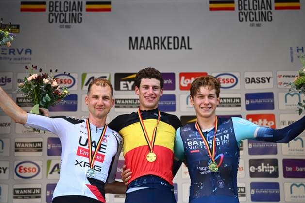 Belgian 2026 National Championship Maarkedal 26 06 2026 MAARKEDAL, BELGIUM - JUNE 26 : Wellens Tim of Uae Team Emirates Xrg, Segaert Alec of Bahrain Victorious and Van Mechelen Vlad of Bahrain Victorious pictured during the podium ceremony of the Men Elite Individual Time Trial of the 2026 Belgian National Championships 00st edition an UCI National Championships cycling race of 40 km with start in Maarkedal and finish in Maarkedal on June 26, 2026 in Maarkedal, Belgium, 26 06 2026 Maarkedal Belgium  Copyright: xVincentxKalutx