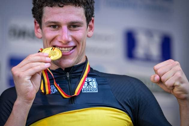 Belgian Alec Segaert pictured on the podium after winning the men s elite individual road time trial race (41,5km) at the Belgian Cycling Championships, in Maarkedal, on Friday 26 June 2026. DAVIDxPINTENS  x179408925x