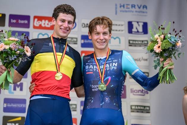 Belgian Alec Segaert and Belgian Vlad Van Mechelen of Bahrain Victorious pictured on the podium after the men s elite individual road time trial race (41,5km) at the Belgian Cycling Championships, in Maarkedal, on Friday 26 June 2026. DAVIDxPINTENS  x179408937x