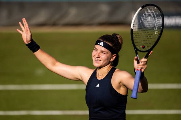 BAD HOMBURG, GERMANY - JUNE 26: Karolina Muchova (CZE) smiling during the Bad Homburg Open powered by Solarwatt Singles match between Elena-Gabriela Ruse (ROU) vs Karolina Muchova (CZE) at Kurpark Bad Homburg on June 26, 2026 in Bad Homburg, Germany. Hessen Germany Copyright: xSteffiexWunderlx