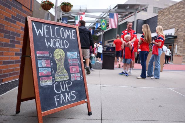 Foxborough, USA, 26th June 2026. A sign outside a local bar referencing the FIFA World Cup, WM, Weltmeisterschaft, Fussball during the Norway vs France FIFA World Cup match at Gillette Stadium, Foxborough. Picture credit should read: Paul Terry Sportimage EDITORIAL USE ONLY. No use with unauthorised audio, video, data, fixture lists, club league logos or live services. Online in-match use limited to 120 images, no video emulation. No use in betting, games or single club league player publications. SPI_016_PT_Norway_France SPI-4842-0016