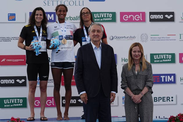 Premier Giorgia Meloni and Paolo Barelli President fin during the 62 th Trofeo Settecolli at Foro Italico in Rome, Italy Friday, June 26, 2026. - swimming .  Copyright: xGianxMattiaxD Alberto LaPressex