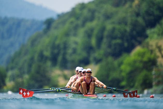 LUCERNE, SWITZERLAND - JUNE 26: Maurin Lange, Raphael Ahumada, Bojan Reuffurth and Donat Vonder Muehll of Switzerland competing in the Men s Quadruple Sculls during the Lucerne Regatta - World Rowing Cup III at the Rotsee on June 26, 2026 in Lucerne, Switzerland. Copyright: xBEAUTIFULxSPORTS TobiasxLacknerx