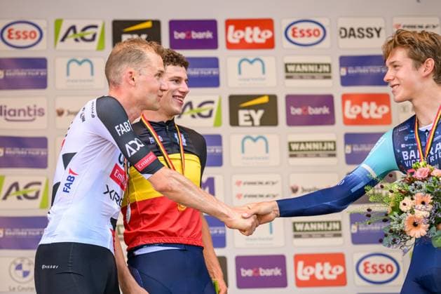 Belgian Tim Wellens of UAE Team Emirates-XRG, Belgian Alec Segaert of Bahrain Victorious and Belgian Vlad Van Mechelen of Bahrain Victorious pictured on the podium after the men s elite individual road time trial race (41,5km) at the Belgian Cycling Championships, in Maarkedal, on Friday 26 June 2026. DAVIDxPINTENS  x179432150x