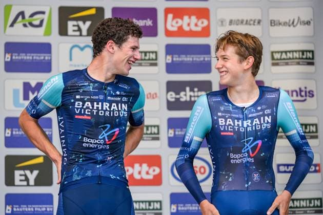Belgian Alec Segaert of Bahrain Victorious and Belgian Vlad Van Mechelen of Bahrain Victorious pictured on the podium after the men s elite individual road time trial race (41,5km) at the Belgian Cycling Championships, in Maarkedal, on Friday 26 June 2026. DAVIDxPINTENS  x179432453x