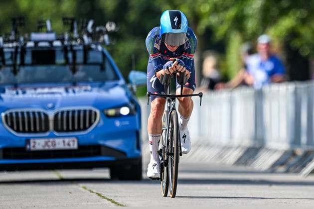 Belgian Ilan Van Wilder of Soudal Quick-Step pictured in action during the men s elite individual road time trial race (41,5km) at the Belgian Cycling Championships, in Maarkedal, on Friday 26 June 2026. DAVIDxPINTENS  x179435019x