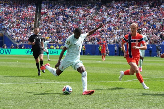 Ousmane Dembele (Frankreich, France, 7) zieht ab und erzielt das 1:0 - Boston 26.06.2026: Frankreich vs. Norwegen, Gilette Stadium, World Cup 26 Gruppe I, 3. Spieltag *** Ousmane Dembele (France), No. 7, takes a shot and scores the 1-0 goal. Boston, June 26, 2026. France vs. Norway, Gilette Stadium, World Cup Group I, Matchday 3