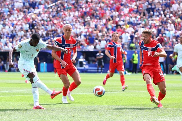Foxborough, USA, 26th June 2026. Ousmane Dembele of France scores to make it 1-0 during the Norway vs France FIFA World Cup, WM, Weltmeisterschaft, Fussball match at Gillette Stadium, Foxborough. Picture credit should read: Paul Terry Sportimage EDITORIAL USE ONLY. No use with unauthorised audio, video, data, fixture lists, club league logos or live services. Online in-match use limited to 120 images, no video emulation. No use in betting, games or single club league player publications. SPI_038_PT_Norway_France SPI-4842-0038