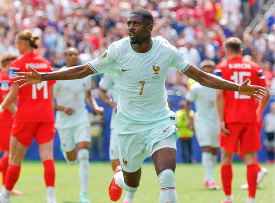 Ousmane Dembele of France celebrates after scoring against Norway in the first half of a FIFA World Cup, WM, Weltmeisterschaft, Fussball match at Boston Stadium in Boston on Friday, June 26, 2026.  BOS20260626810 CJxGUNTHER