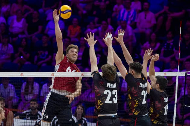 VNL Belgium - Germany 26.06.2026 volleyball, Gliwice , Arena Pre Zero , Mens Volleyball Nations League 2026 FIVB VNL (siatkowka, Liga Narodow, Belgia - Niemcy ), game , match Belgium - Germany image shows: Erik Rohrs (L) Pierre Perin (23) Samuel Fafchamps (21) Matthias Valkiers (R) photo Katarzyna Plewczynska Fotostyk Copyright: xKatarzynaxPlewczynskax 20260626KAPL3147