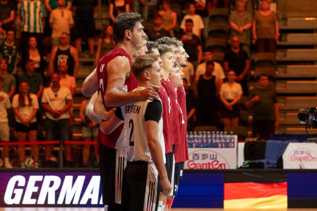 VNL Belgium - Germany 26.06.2026 volleyball, Gliwice , Arena Pre Zero , Mens Volleyball Nations League 2026 FIVB VNL (siatkowka, Liga Narodow, Belgia - Niemcy ), game , match Belgium - Germany image shows: anthem Germany, team , group photo photo Katarzyna Plewczynska Fotostyk Copyright: xKatarzynaxPlewczynskax 20260626KAPL2857